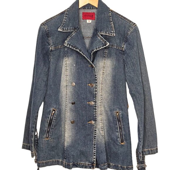 Womans distressed utility military style double breasted button up cotton denim - Picture 1 of 12